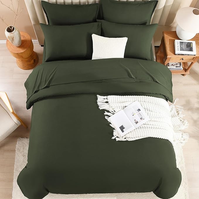 Litanika Oversized Queen Size Comforter Set Olive Green - 7 Pieces Bed in a Bag Oversized Beddding Sets, Solid Lightweight Bed Set with Comforter, Sheets, Pillowcases & Shams