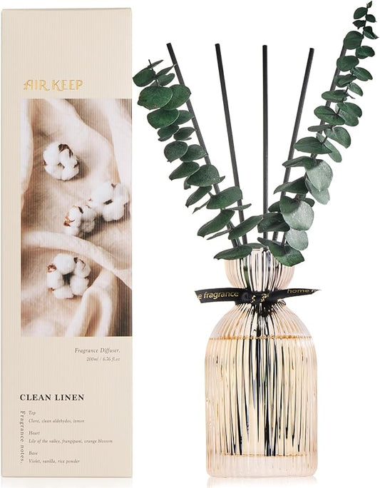 Airkeep Reed Diffuser Set 6.76 oz – Clean Linen Home Fragrance with Eucalyptus Sticks – Decorative Glass Bottle for Bathroom, Bedroom & Living Room Décor – Gift Ready