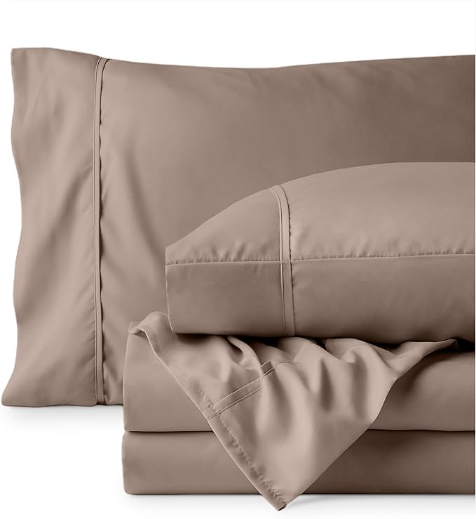 Bare Home Hotel Luxury Twin Sheet Set, Extra Soft - 4 Piece Set - Deep Pockets - Easy Fit - Cooling & Breathable - Wrinkle, Fade, Stain Resistant - Includes 2 Pillowcases (Twin, Taupe)