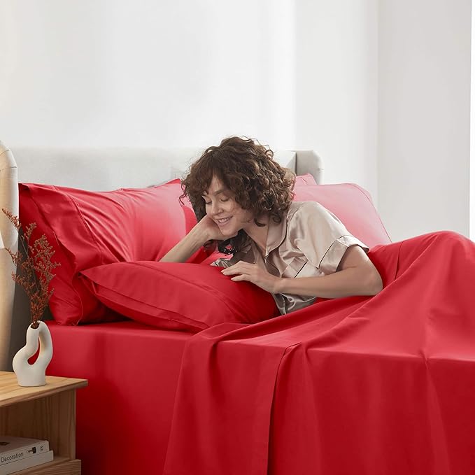 Nestl Extra Deep Twin Sheet Set - 4 Piece Breathable & Cooling Sheets - Hotel Luxury Bedding Set w/18-24 Inch Deep Pockets - Easy & Secure Fit - Super Soft, Wrinkle Free & Comfy - Red