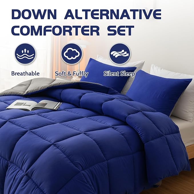 Decroom Lightweight Queen Comforter Set with 2 Pillow Sham - 3 Pieces Set - Quilted Down Alternative Comforter/Duvet Insert for All Season - Blue/Grey - Queen Size