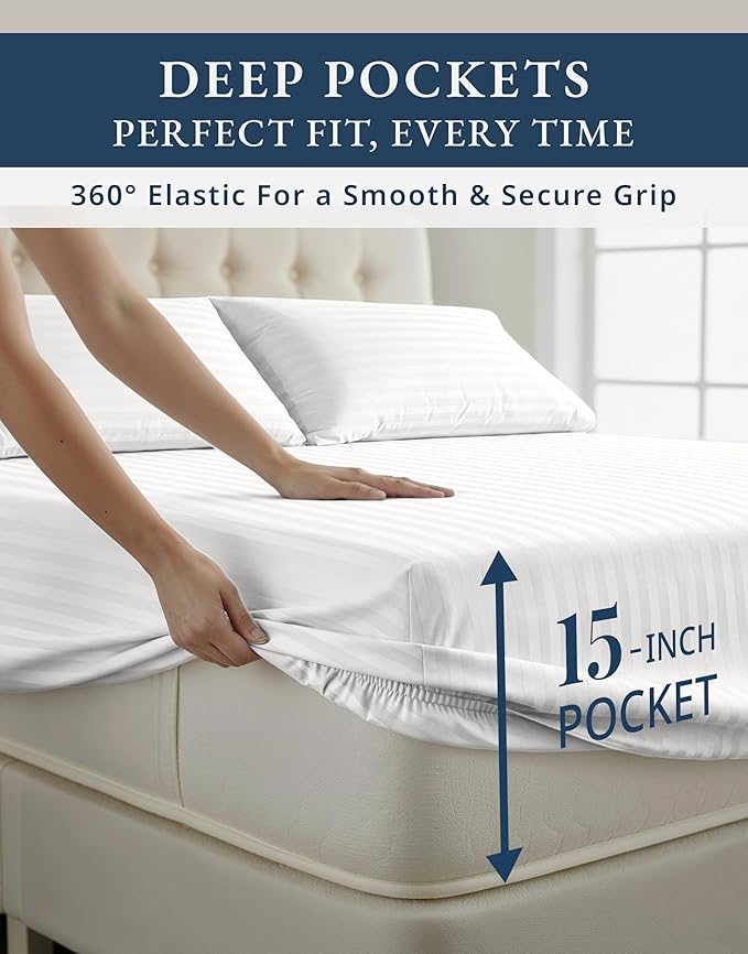 LANE LINEN Striped Sheets Set - 100% Egyptian Cotton 4 Piece Bed for King Size Hotel Bedding & Pillowcases 16" Deep Pocket (Fits Upto 17" Mattress) White