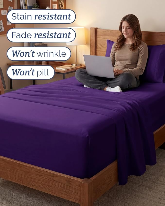 Extra Deep Twin XL Sheet Set - 3 Piece Breathable & Cooling Bed Sheets - Easily Fits 18 to 24 inch Mattress - Ultra Soft, Wrinkle & Fade Free with Extra Deep Pockets - Hotel Luxury Bedding - Purple
