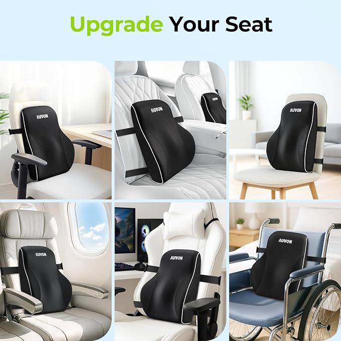 AUVON Lumbar Support Pillow for Office Chair with Patented Bulge for Lower Back Support, Ergonomic Office Home Essentials Improve Posture, Memory Foam Chair Cushion with Straps for Home, Office, Car