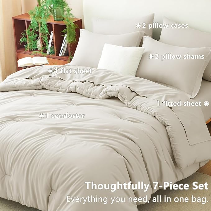 CozyLux Queen Comforter Set Beige, 7 Pieces Bed in a Bag Queen Comforter Set with Sheets, Luxury Soft Bedding Sets with Down Alternative Comforter, Fitted Sheet, Flat Sheet, Pillowcases & Shams