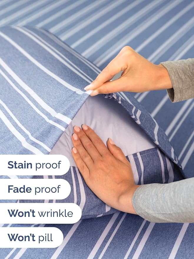 Extra Deep Queen Sheet Set - 4 Piece Breathable & Cooling Bed Sheets - Easily Fits 18 - 24 inch Mattress - Ultra Soft, Wrinkle & Fade Free w/ Extra Deep Pockets - Hotel Luxury Bedding - Blue Stripes 3