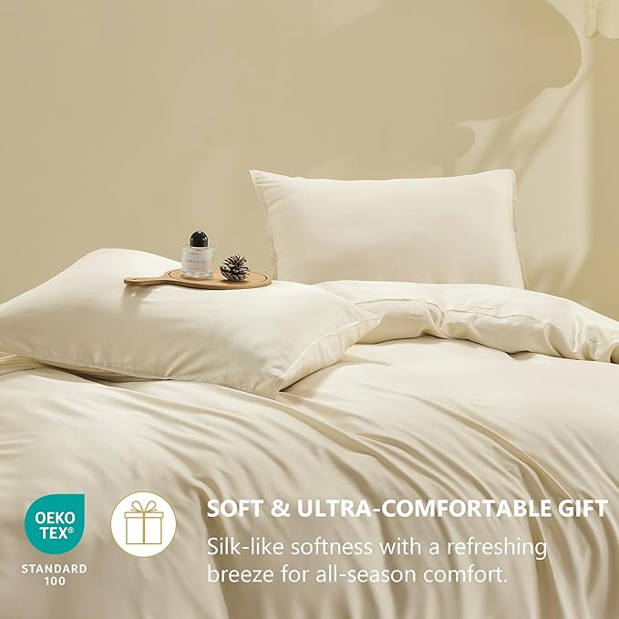 Simple&Opulence Cooling Duvet Cover Set Queen Size, 3 Pcs 100% Viscose Derived from Bamboo Hotel Luxury Silky Bedding Set, Breathable Soft Comforter Cover for Hot Sleeper with 2 Pillowcases(Beige)