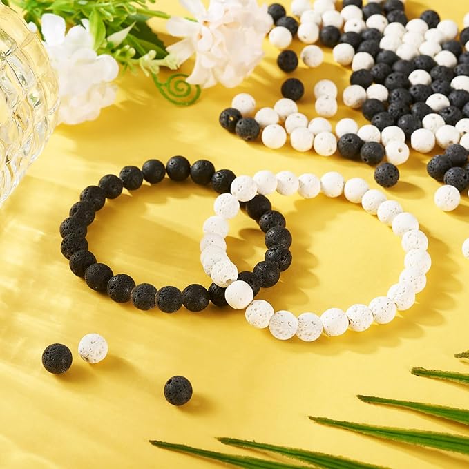 Craftdady 360 pcs 8 mm Natural Lava Beads White Black Round Stone Rock Beads Gemstone Loose Spacer Beads for Diffuser Essential Oil Jewelry Bracelet Necklace Making