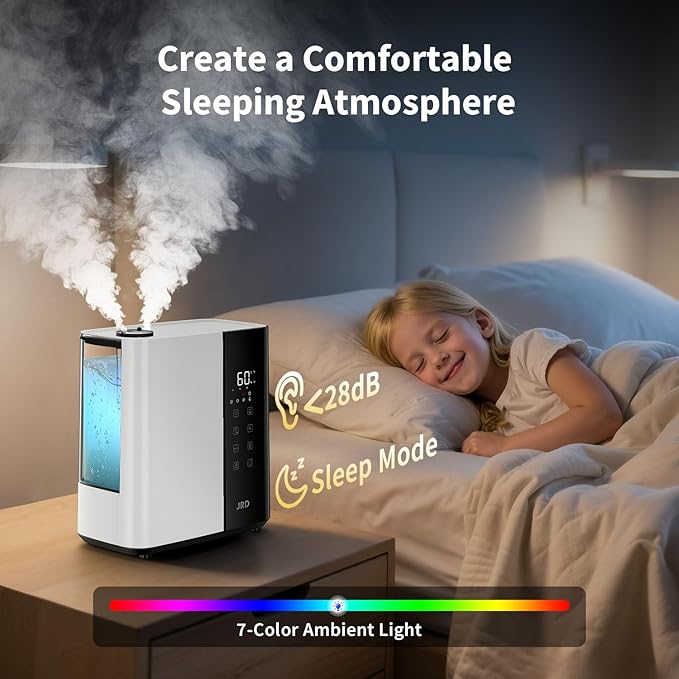 JRD Warm & Cool Mist Humidifiers for Bedroom 5L, Quiet Ultrasonic Air Humidifier Fast Symptom Relief, 50H Runtime, 12H Timer, Oil Diffuser, 7 Color Light for Large Room, Office, Baby, Plants-White