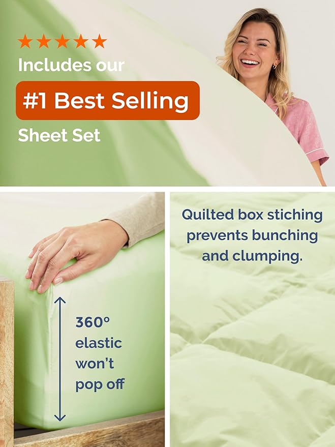 Queen Comforter Set - 7 Piece Bed in a Bag Queen Size Bed Set - Down Alternative Comforter, Flat Sheet, Fitted Sheet, Pillowcase & Shams for All Seasons - Soft, Comfy & Breathable - Light Sage Green