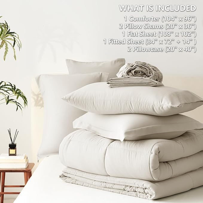 CozyLux California King Comforter Set Beige - 7 Pieces California King Bed in a Bag Set, All Season Soft Bedding Sets with Comforter, Flat Sheet, Fitted Sheet, Pillowcases & Pillow Shams