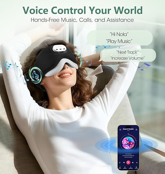 LC-dolida Voice Control Bluetooth Sleep Mask, Bamboo Cotton Bluetooth Sleep Headphones with 3D Zero-Pressure Cups and Timer Setting, Total Blackout Sleep Eye Mask for Side Sleepers (Black)
