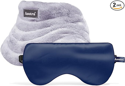 ASUTRA Navy Silk Eye Pillow and Plush Gray Weighted Neck Wrap Bundle Set, 2 Products - Weighted Eye Mask Filled w/Lavender & Flax Seeds, Hands-Free Microwaveable Heat Pad and Cooling Neck Wrap
