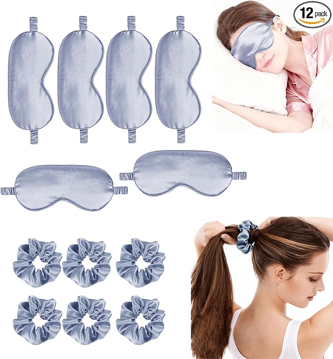 12Pcs Silk Sleep Masks Satin Eye Mask Silky Eyes Cover Blindfold Eyeshade Hair Ties Scrunchy Travel Bridesmaids Gifts