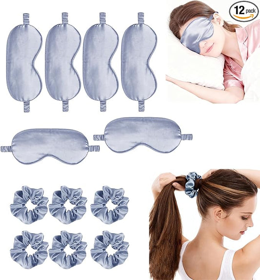 12Pcs Silk Sleep Masks Satin Eye Mask Silky Eyes Cover Blindfold Eyeshade Hair Ties Scrunchy Travel Bridesmaids Gifts