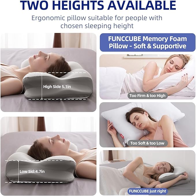 FUNCCUBE Cervical Neck Pillow - Memory Foam Pillows for Pain Relief Sleeping with Cooling Pillowcase, Ergonomic Contour Odorless Bed Pillow for Back Side Shoulder Stomach Sleeper, Queen White