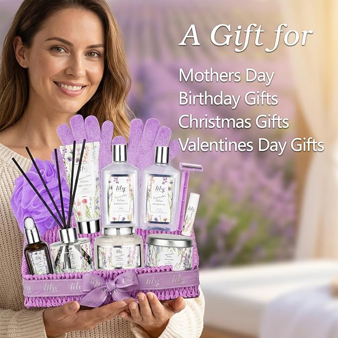 Mother's Day Gift Basket for Women - 15-Piece Lavender Bath and Body Gifts for Women, Spa Gift Basket for Women, Spa Kit | Birthday, Valentines Day Gifts, Christmas Gift, Perfect Present for Her & Mom