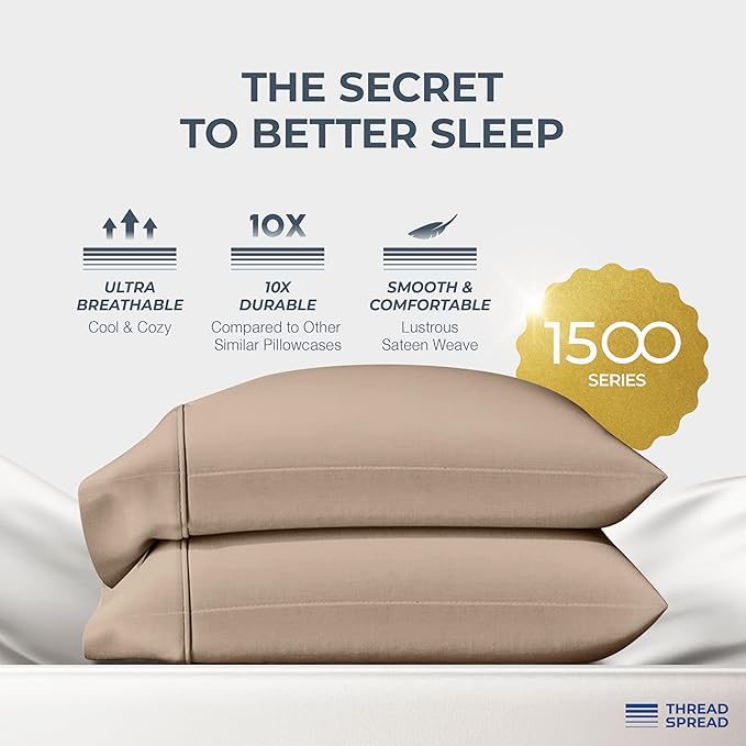 THREAD SPREAD 100% Egyptian Cotton Pillow Cases Queen Size Set of 2 - Luxury 1500 Series Queen Pillow Cases (Taupe), Soft Cooling Envelope Closure Hotel Quality Egyptian Cotton Pillowcases