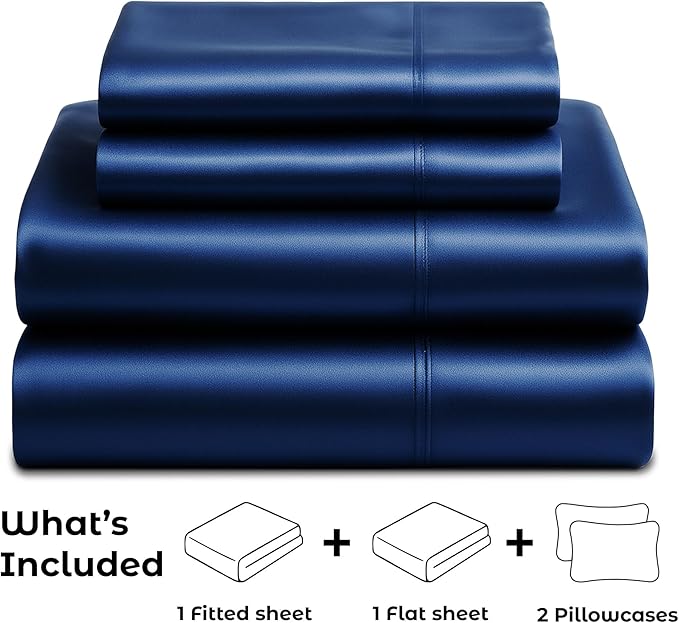 Pure Bedding Satin Sheets King [4-Piece, Navy] Hotel Luxury Silky Bed Sheets Extra Soft 1800 Microfiber Sheet Set, Wrinkle, Fade, Stain Resistant - Deep Pocket Fitted Sheet, Flat Sheet, Pillow Cases