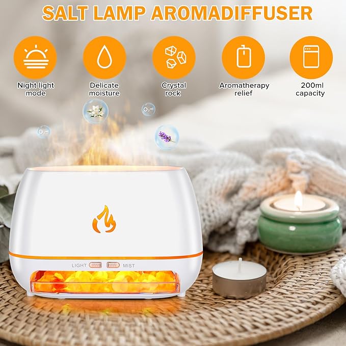 Essential Oil Diffuser & Himalayan Salt Lamp Diffuser & 7 Colors Changing Oil Diffuser,100% Pure Himalayan Pink Salt Rock, Waterless Auto off-200ml (White)