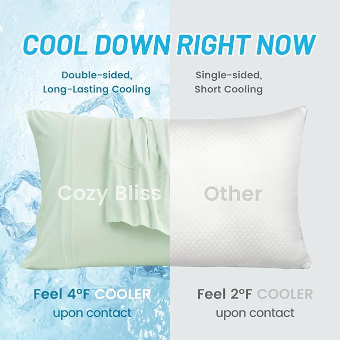 Cozy Bliss Cooling Pillow Cases for Hot Sleepers, Q-Max>0.45, Standard Size Set of 2, Soft & Silky Pillow Covers with Envelope Closure,Gift, Green, 20x26 Inches