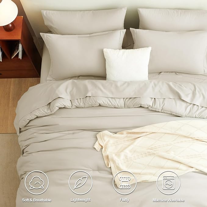 CozyLux Queen Comforter Set Oatmeal, 7 Pieces Bed in a Bag Queen Comforter Set with Sheets, Luxury Soft Bedding Sets with Down Alternative Comforter, Fitted Sheet, Flat Sheet, Pillowcases & Shams