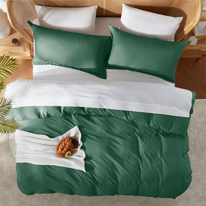 Nestl Full Duvet Cover Set with Comforter Insert - Dark Green 4 Piece 80x90 Duvet Cover & 2 Pillow Shams with White Quilted Down Alternative Comforter, Ultra Soft, All Season
