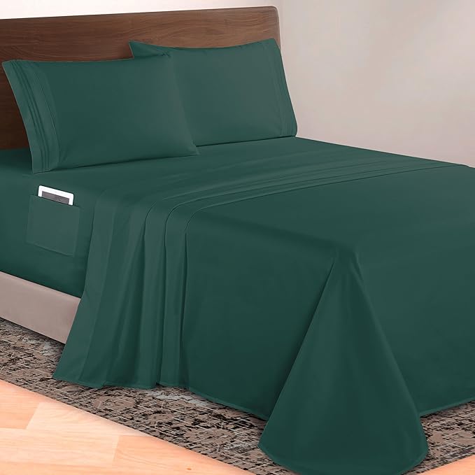 Elegant Comfort Luxurious 1500 Premium Hotel Quality Microfiber 4-Piece Sheet Set, 18-24 Inches Deep - Extra Deep Pocket Sheets - Ultra Soft 4PC Deep Pocket Sheets, Twin/Twin XL, Hunter Green