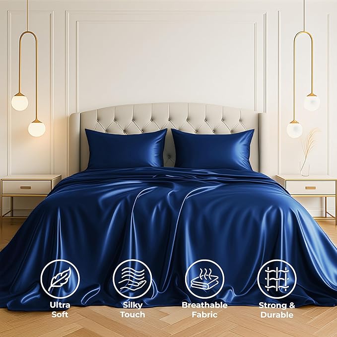 Satin Sheets California King [4-Piece, Navy] Luxury Silky Bed Sheets - Extra Soft 1800 Microfiber Sheet Set, Wrinkle, Fade, Stain Resistant - Deep Pocket Fitted Sheet, Flat Sheet, Pillow Cases