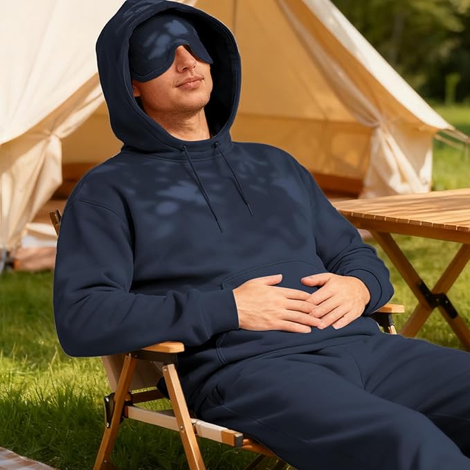 Ainangua Mens Oversized Pullover Essentials Hoodie with Eye Mask Built In Comfor Airplane Mode Travel Sleep Wearable Blanket