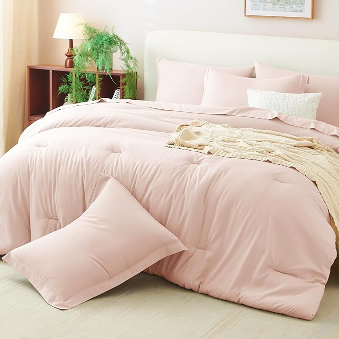 CozyLux Oversized King Comforter Set Blush Pink, 7 Pieces Bed in a Bag Comforter Set with Sheets, Soft Bedding Sets with Down Alternative Comforter, Fitted Sheet, Flat Sheet, Pillowcases and Shams