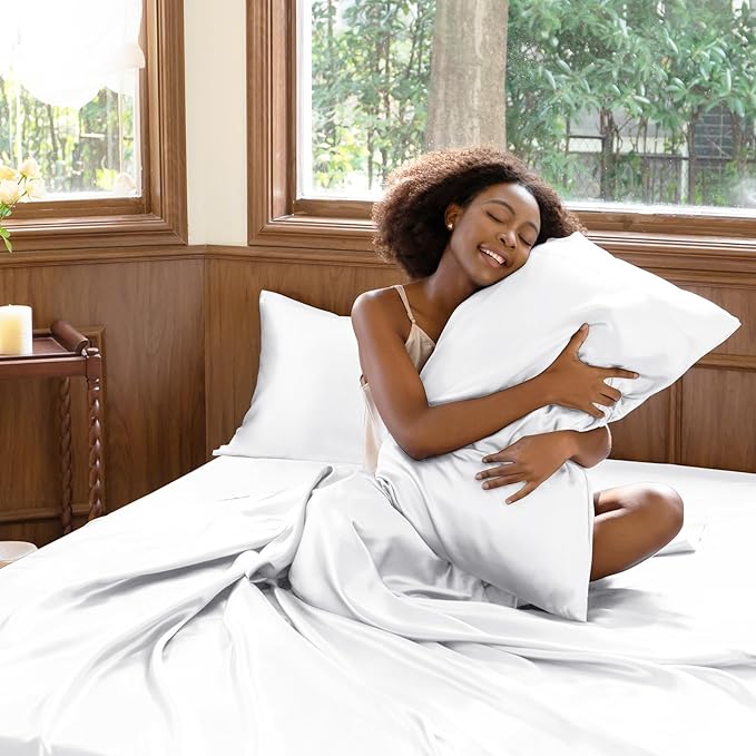 CozyLux Satin Sheets King Size Sheet Set - 6 Piece Silky King Sheets, Luxury White King Bed Set with Smooth and Soft Microfiber, Includes 1 Fitted Sheet, 1 Flat Sheet and 4 Pillowcases