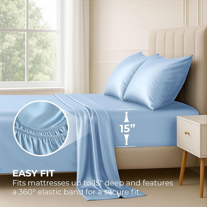 Pure Bedding Satin Sheets Twin Hotel Luxury Silky Bed Sheets - Extra Soft 1800 Microfiber Sheet Set, Wrinkle, Fade, Stain Resistant - Deep Pocket Fitted Flat Sheet, Pillow Cases (3-Piece, Baby Blue)
