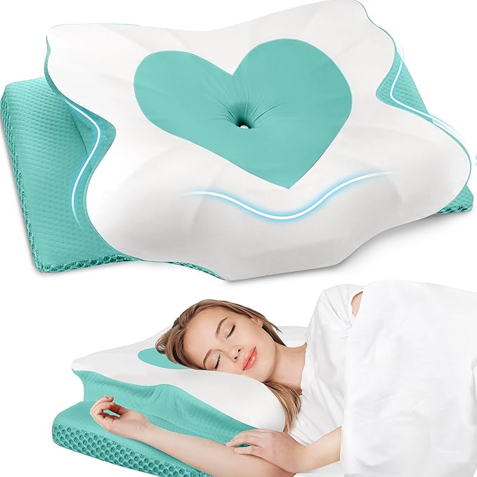 CushZone Cervical Neck Pillow, Memory Foam Neck Support Pillows for Sleeping, Shoulder Pillow for Side Sleepers, Back Stomach Sleepers, CertiPUR-US Certified, Queen Size, Green