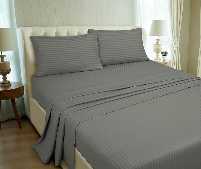 ROYALE LINENS 4 Piece Full Sheets Set - Soft Brushed 1800 Microfiber Bedding - 1 Fitted, 1 Flat Sheet, 2 Pillow Cases - Wrinkle Free & Fade Resistant - Hotel Luxury Bed Sheets (Stripe Grey, Full)