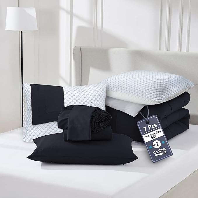 Nestl 7 Piece Twin XL Comforter Set – Black Reversible Bed in a Bag – Complete Twin XL Size Bedding Set with Sheets, Set of 2 Cooling Pillows, Pillowcase and Sham