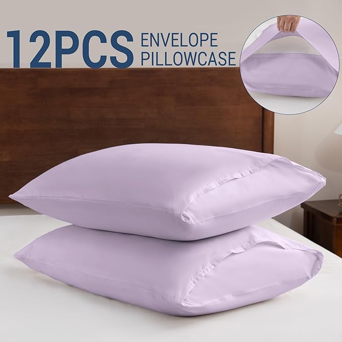 Pillowcases King 12 Pack, 20x36 Pillow Cases with Envelope Closure, Soft Plain Brushed Microfiber Covers Breathable Wrinkle-Resistant, Lavender