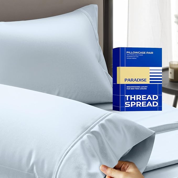 Thread Spread 100% Egyptian Cotton Pillow Cases Queen Size Set of 2 - Luxury 1000 Series Paradise Collection Queen Pillow Cases (Light Blue), Soft Cooling Sateen Hotel Egyptian Cotton Pillowcases