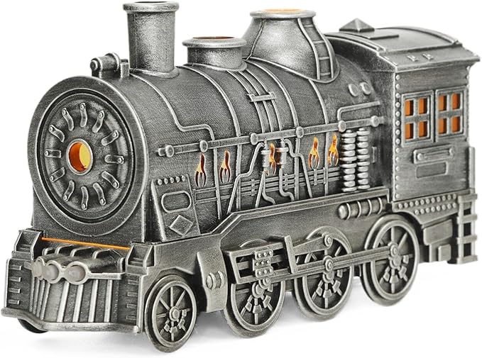 300ml Retro Steam Train Essential Oil Diffuser and Cool Mist Humidifier with Quiet Operation Auto Shut-Off Adjustable Ambient Lights Dual Spray Modes for Home Bedroom Office (Silver)