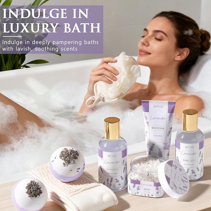 Mothers Day Birthday Gifts for Women, Lavender Relaxing Spa Gift Baskets for Women Self Care Package Bath Gift Set, Home Bath and Body Kit Pamper Gifts for Womens Her Mom Friends Wife Girlfriend Wife