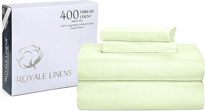 ROYALE LINENS 400 Thread Count 100% American Grown Cotton 4 Piece Sateen Full Sheet Set - 1 Fitted Sheet, 1 Flat Sheet, 2 Pillow case - Green Full Bedsheet - Cotton Sheets - (Full, Florentine Sage)