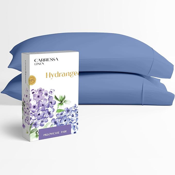 Carressa Linen 100% Egyptian Cotton Pillow Cases Queen Size Set of 2 - Luxury 600 Series Hydrangeas Collection Queen Size Pillowcases (Deep Blue), Cooling Sateen Weave Hotel Quality Bed Pillow Cover