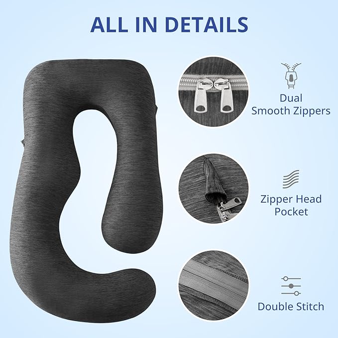 Sasttie Cooling Pregnancy Pillow Cover, 57-inch U Shaped Pregnancy Pillow Case, Fits 55 to 57 Inch Maternity Pillow, Black (No Pillow Insert)