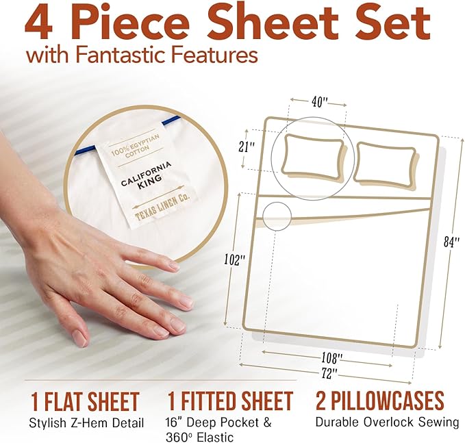 TEXAS LINEN CO. 100% Egyptian Cotton Sheets - Texan Talkin' Damask 600 Series 4 PC California King Size Sheet Set, Cooling, Extra Long Staple Sateen Luxury Bedding, Cal King Sheets - Ivory Stripe