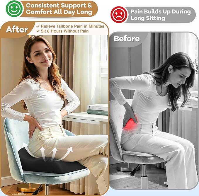 Seat Cushion for Pressure Relief - Ergonomic Home & Office Chair Cushions for Tailbone, Hip, Sciatica Support, Memory Foam Chair Pad for Long Sitting, Driving (Black)