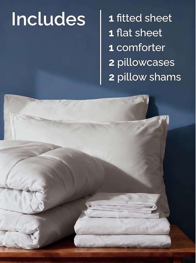 Full Comforter Set - 7 Piece Bed in a Bag Full Size Bed Set - Down Alternative Comforter, Flat Sheet, Fitted Sheet, Pillowcase & Shams for All Seasons - Ultra Soft, Comfy and Breathable - Light Grey