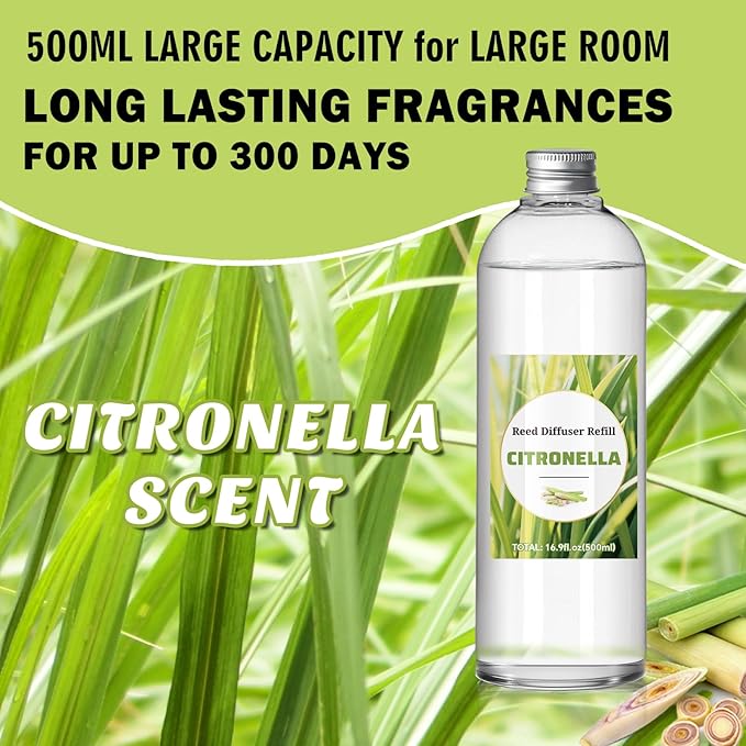 SCENTORINI Reed Diffuser Oil Refill, 16.9oz Natural Citronella Scented Essential Oil with 6 Sticks, Long Lasting Home Fragrance for Large Space, Bathroom, Spa Room, Hotel, Patio, Outdoor, Office