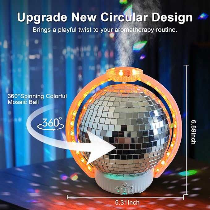 Rotating Disco Ball Diffuser, Mirror Ball Cute Diffuser with RGB Color Night Light, 2Timer Seting & 3 Light Mode Mirror Essential Oil Diffuser Aromatherapy Diffuser for Home Decor, Party, Bedroom