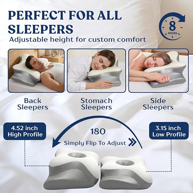 Ergonomic Cervical Neck Pillow for Neck Pain Relief, Side Sleeper Pillow, Orthopedic Pillow, Sleep Apnea Pillow, Cooling Cervical Neck Pillow, Butterfly Contour Pillow with Silk Cover & Travel Bag