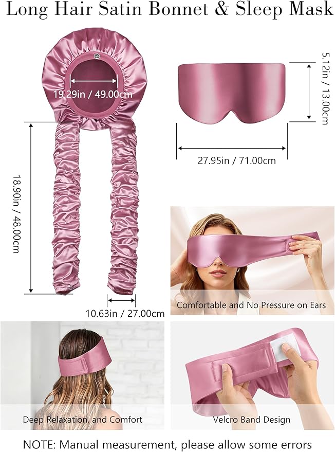 Satin Bonnet for Sleeping with Eye Mask，No Slip Sleep Bonnet with Long Curling Ribbons for Braids & Long Hair
